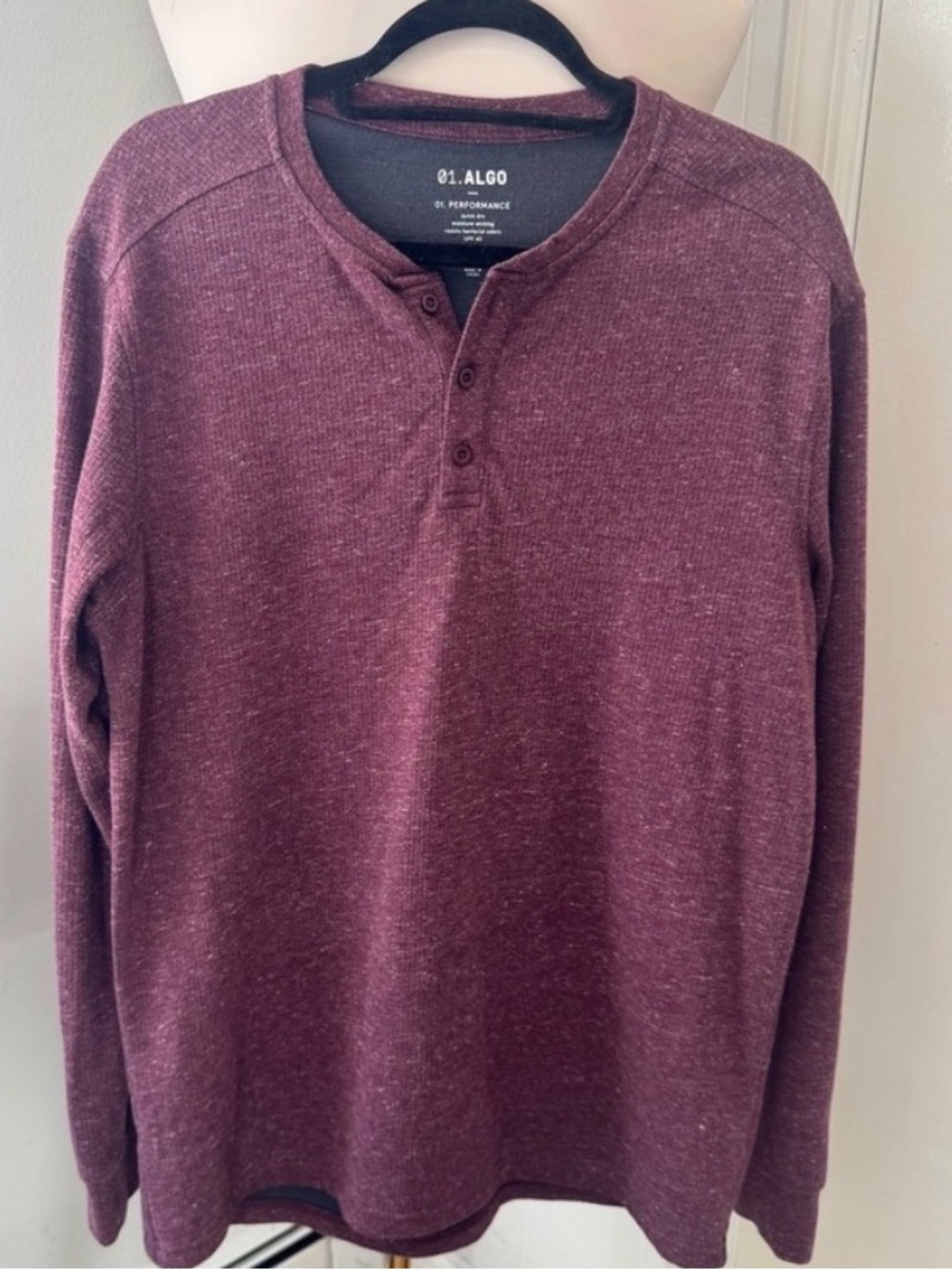 01.Algo Burgundy Waffle Knit Performance Henley Long Sleeve | Men's L